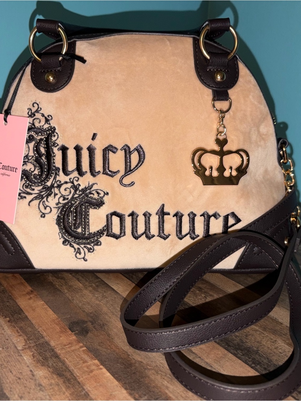 Juicy Couture Beige and Brown Dome Satchel with Gold Charm- Velvety Soft! NWT! - Picture 2 of 7